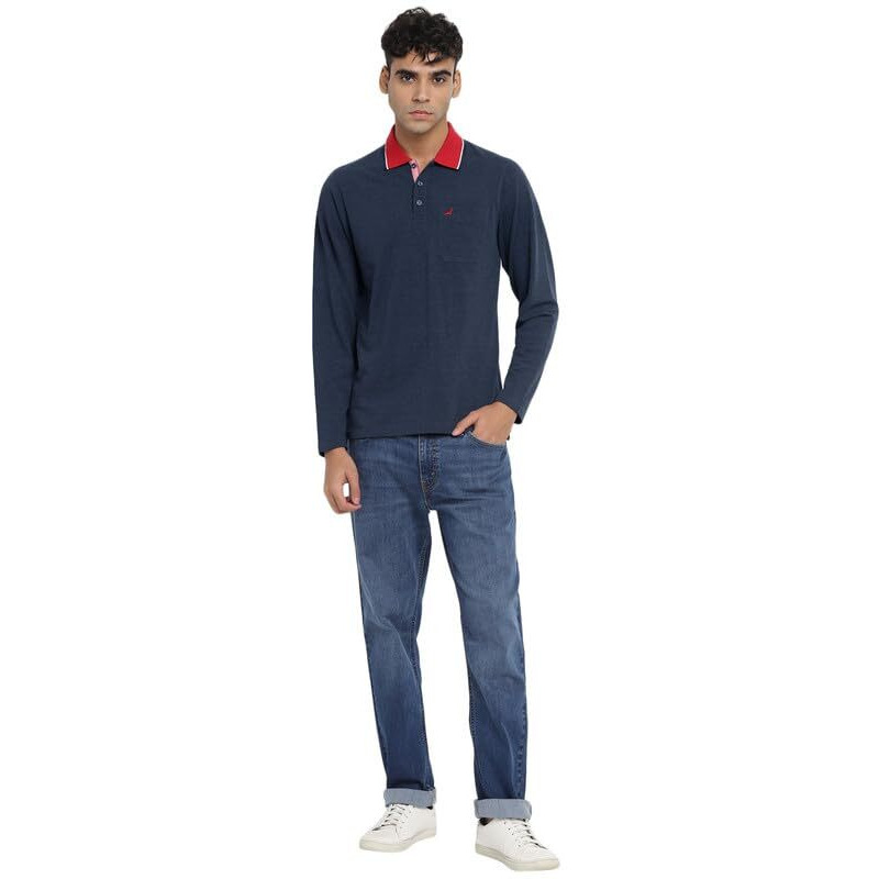 American Crew Full Sleeves Polo Collar T-Shirt With Pocket For Men (Ac874-S_Navy Melange)