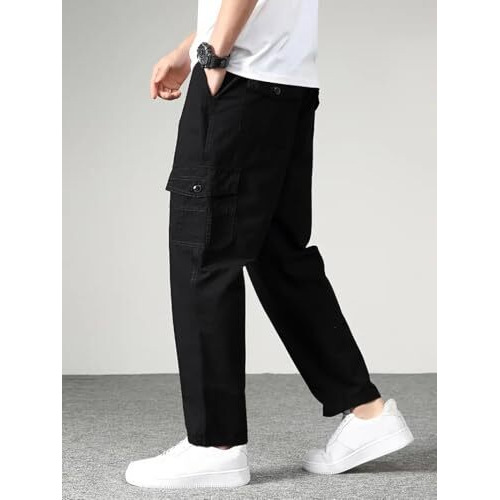Vogaan Casual Solid Men's Regular Fit Drawstring Cargo Pants With Multiple Pockets | Cotton Cargos For Men (Black_32)