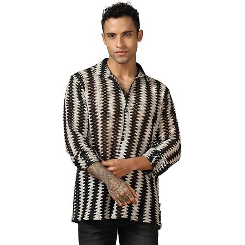 Dhruvi Trendz Men's Crochet Stripe Regular Fit Shirt (Dt-Ms-6162_Black L)
