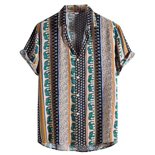 Om Sai Latest Creation Shirts For Men || Rayon Geo & Paisley Printed Shirts For Men || Short Sleeve Summer Shirts || Perfect For Outing | Beach | Vacation | Date Shirt For Boys (Large, Blue)