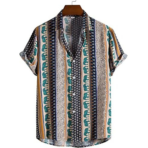 Om Sai Latest Creation Shirts For Men || Rayon Geo & Paisley Printed Shirts For Men || Short Sleeve Summer Shirts || Perfect For Outing | Beach | Vacation | Date Shirt For Boys (Large, Blue)