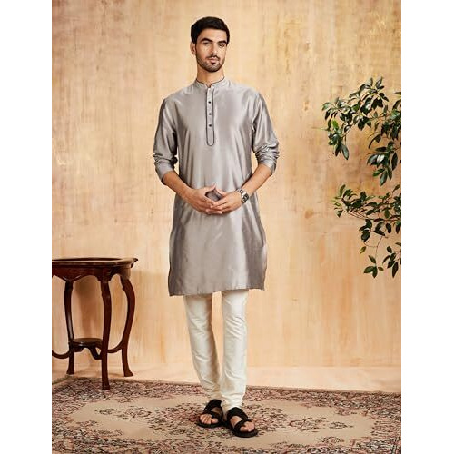 Amazon Brand - Symbol Men's Festive Solid Long Kurta (Regular Fit) (Sy-A22-Mna-Etk-01_L.Grey_L)