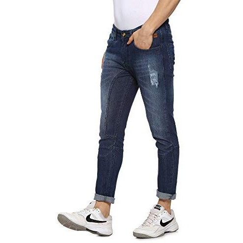 Campus Sutra Men's Navy Blue Lightly Distressed Denim Jeans For Casual Wear | Dark-Wash | Regular Fit | Button Closure | Denim Jeans Crafted With Comfort Fit For Everyday Wear