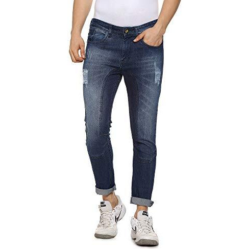 Campus Sutra Men's Navy Blue Lightly Distressed Denim Jeans For Casual Wear | Dark-Wash | Regular Fit | Button Closure | Denim Jeans Crafted With Comfort Fit For Everyday Wear