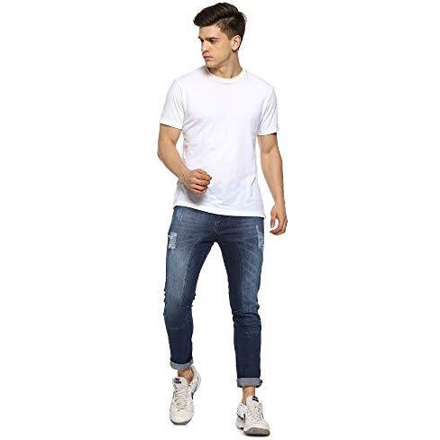 Campus Sutra Men's Navy Blue Lightly Distressed Denim Jeans For Casual Wear | Dark-Wash | Regular Fit | Button Closure | Denim Jeans Crafted With Comfort Fit For Everyday Wear