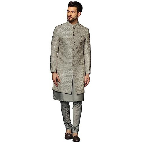 Kisah Men's Grey Indo-Western Kurta Sherwani Churidar Set Cotton Full Sleaves, Knee Length, Straight, Regular Fit, Mandarin Collar Ethnic Casual