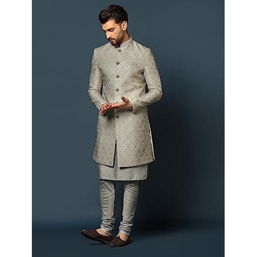 Kisah Men's Grey Indo-Western Kurta Sherwani Churidar Set Cotton Full Sleaves, Knee Length, Straight, Regular Fit, Mandarin Collar Ethnic Casual