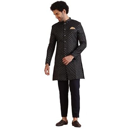 Kisah Men's Black Sherwani Trousers Set, Cotton Full Sleaves, Knee Length, Straight, Regular Fit, Mandarin Collar Ethnic Wear