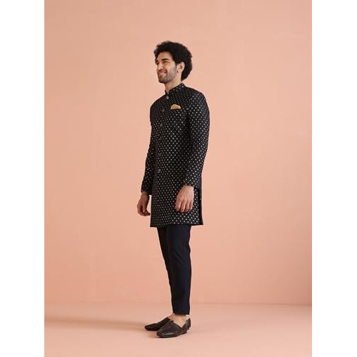 Kisah Men's Black Sherwani Trousers Set, Cotton Full Sleaves, Knee Length, Straight, Regular Fit, Mandarin Collar Ethnic Wear