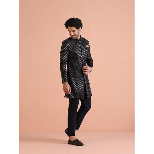 Kisah Men's Black Sherwani Trousers Set, Cotton Full Sleaves, Knee Length, Straight, Regular Fit, Mandarin Collar Ethnic Wear
