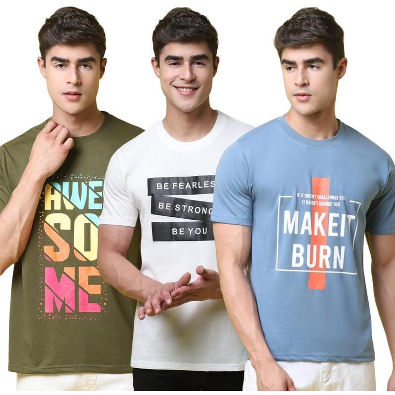 Pinkmint Combo T-Shirt For Men L Cotton Blend Printed T-Shirt L Regular Half Sleeve T-Shirt Ll Casual Wear(Pack Of 3) Multicolour