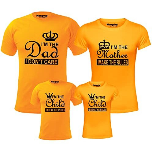 Hangout Hub Cotton T-Shirt|Regular Fit|Printed I Am Dad Mother Child Make/Break The Rule|(YellowMen-LWomen-XxlBoy-2-4YGirl-6-8Y)|Pack Of 4|Family Dress Set