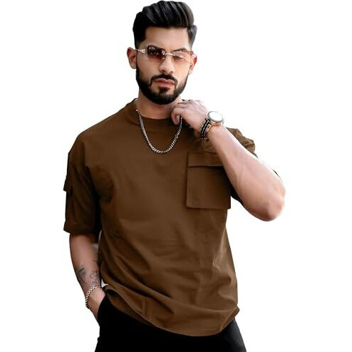 Maniac Mens Solid Polo Neck 3/4Th Sleeve Brown Cotton T-Shirt