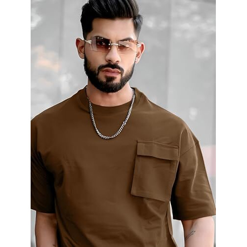 Maniac Mens Solid Polo Neck 3/4Th Sleeve Brown Cotton T-Shirt