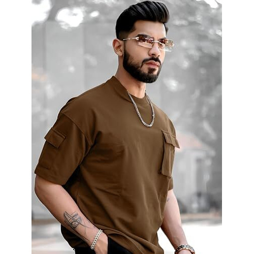 Maniac Mens Solid Polo Neck 3/4Th Sleeve Brown Cotton T-Shirt