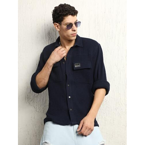 Hubberholme Men Summer Cotton Spread Collar Long Sleeves Oversized Casual Shirt 26 Blue