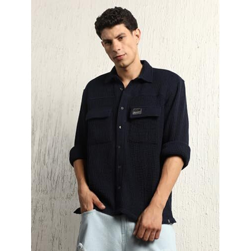 Hubberholme Men Summer Cotton Spread Collar Long Sleeves Oversized Casual Shirt 26 Blue
