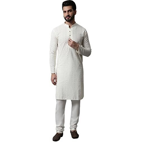 Jompers Men Cream Embroidered Pure Cotton Kurta With Pyjamas (Cream, M)