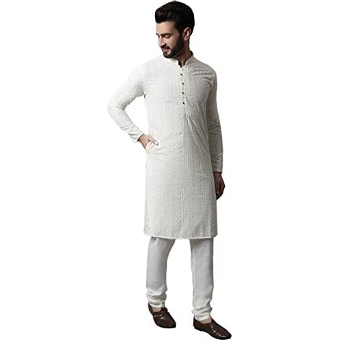 Jompers Men Cream Embroidered Pure Cotton Kurta With Pyjamas (Cream, M)