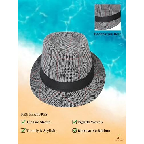Fabseasons Polyester Unisex Checkered Fedora Hat With Black Decorative Ribbon | Size 58 Cm