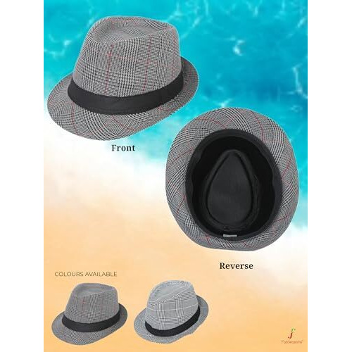 Fabseasons Polyester Unisex Checkered Fedora Hat With Black Decorative Ribbon | Size 58 Cm