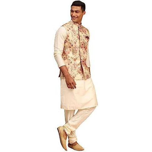 Vastramay Classic Flower Print Silk Blend Printed Nehru Jacket With Kurta And Pant Style Pyjama  Elegant Ethnic Wear For Men