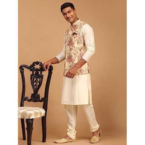 Vastramay Classic Flower Print Silk Blend Printed Nehru Jacket With Kurta And Pant Style Pyjama  Elegant Ethnic Wear For Men