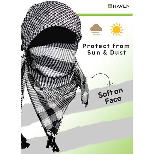 H7 Haven Classic Black And White Checkered Shemagh Scarf Men Cotton Head Ghutra Arabian Arafat Army Miltary Scarf For All Season | Multi Purpose | Large Size