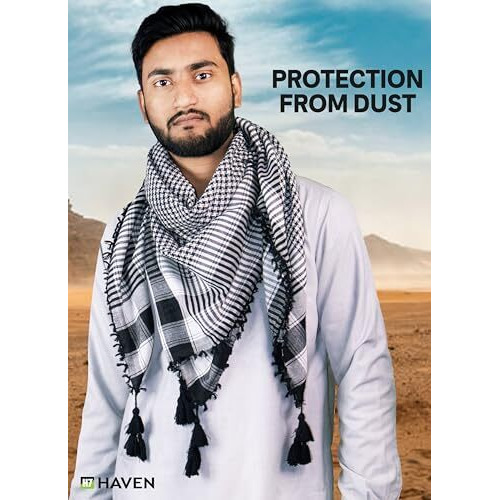 H7 Haven Classic Black And White Checkered Shemagh Scarf Men Cotton Head Ghutra Arabian Arafat Army Miltary Scarf For All Season | Multi Purpose | Large Size