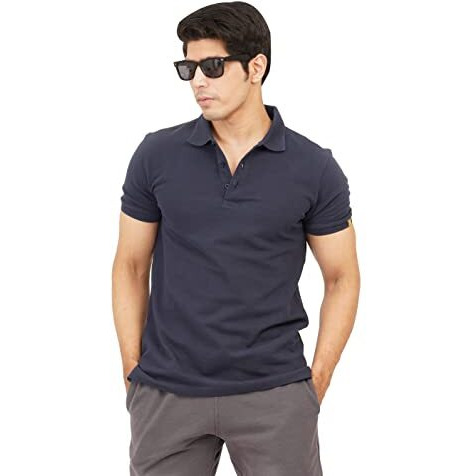 Ecolove Men's Cotton Half Sleeves Slim Fit Collared Casual Plain Solid Cotton Polo T-Shirt (L, Navy)