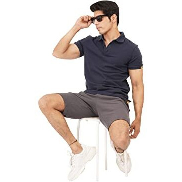 Ecolove Men's Cotton Half Sleeves Slim Fit Collared Casual Plain Solid Cotton Polo T-Shirt (L, Navy)