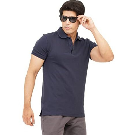Ecolove Men's Cotton Half Sleeves Slim Fit Collared Casual Plain Solid Cotton Polo T-Shirt (L, Navy)