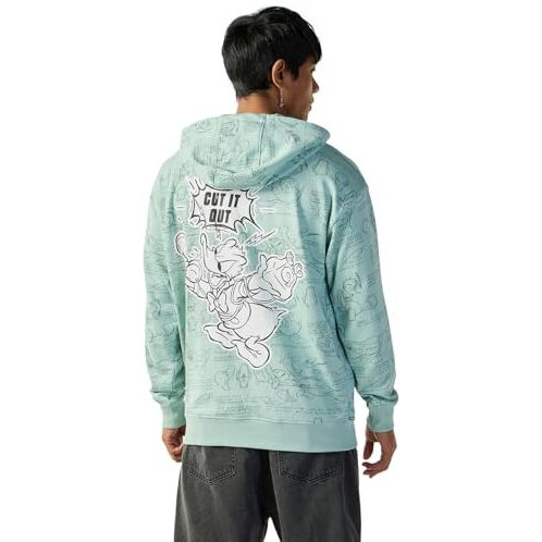 Bewakoof Official Disney Merchandise Donald Duck Men's All Over Printed Oversized Fit Full Sleeve Hooded Cotton Terry Plus Size Hoodies_644748_Green_4Xl