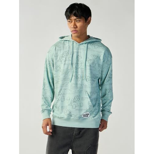 Bewakoof Official Disney Merchandise Donald Duck Men's All Over Printed Oversized Fit Full Sleeve Hooded Cotton Terry Plus Size Hoodies_644748_Green_4Xl