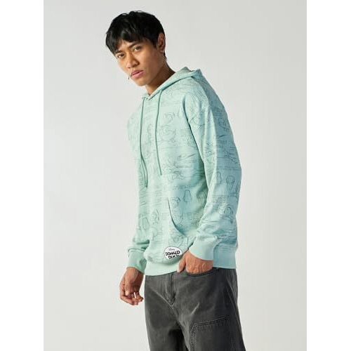 Bewakoof Official Disney Merchandise Donald Duck Men's All Over Printed Oversized Fit Full Sleeve Hooded Cotton Terry Plus Size Hoodies_644748_Green_4Xl