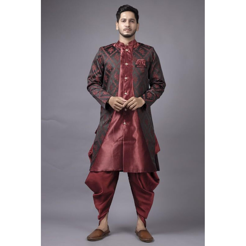 Xepon Mens Ethnic Wear Wedding Sherwani & Dhoti Set(Maroon L, Size)