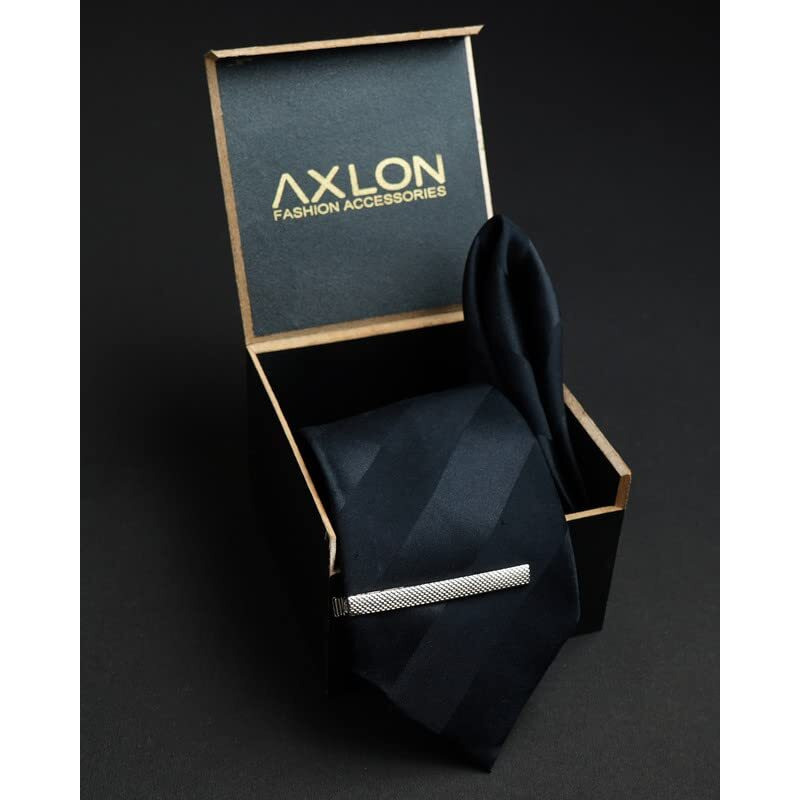 Axlon Black Self Striped Tie For Men  Formal Ties Set With Pocket Square & Tie Pin Clip For Mens, Silk Neckties Gift Sets For MenS (Axnw13)