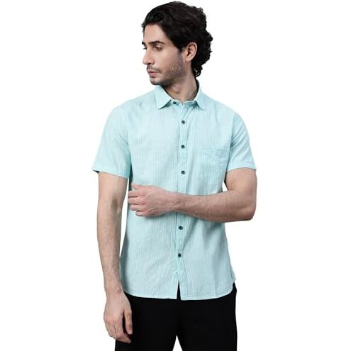 Cantabil Men Cotton Blend Striped Half Sleeve Green Casual Shirt (Mshc00744_Mintgreen_40)