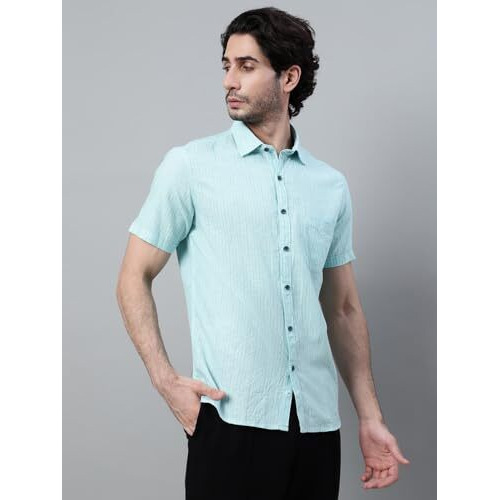 Cantabil Men Cotton Blend Striped Half Sleeve Green Casual Shirt (Mshc00744_Mintgreen_40)