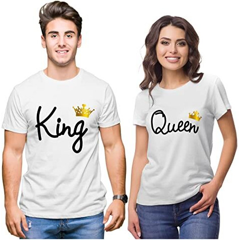 Hangout Hub Hangout-Hub110 King Queen -Gc (WhiteMen L, Women M) Couples Tshirt For Couple | Printed T-Shirts For Boyfriend Girlfriend And Husband Wife | Regular Fit (Set Of 2, Cotton)