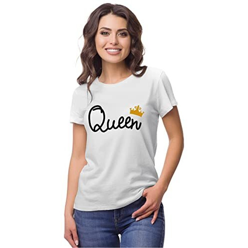 Hangout Hub Hangout-Hub110 King Queen -Gc (WhiteMen L, Women M) Couples Tshirt For Couple | Printed T-Shirts For Boyfriend Girlfriend And Husband Wife | Regular Fit (Set Of 2, Cotton)