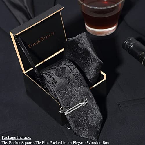 Louis Stitch Mens Floral Black Italian Silk Necktie Set With Pocket Square And Silver Chrome Pin (Suit Accessories) (Prague)