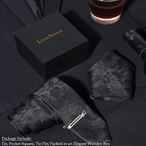 Louis Stitch Mens Floral Black Italian Silk Necktie Set With Pocket Square And Silver Chrome Pin (Suit Accessories) (Prague)