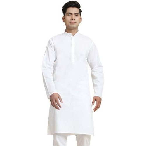 Amazon Brand - Anarva Men's Cotton Solid Kurta Long Sleeves Knee Length Casual Shirt (K021White_White_Large)