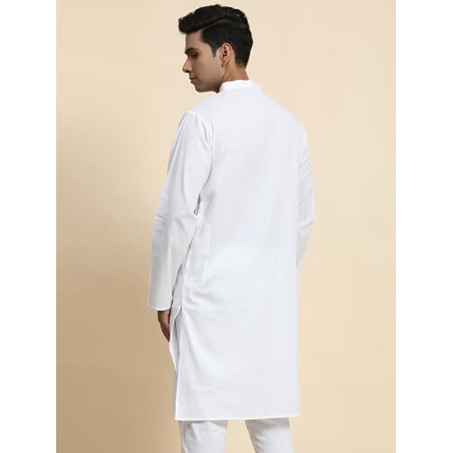 Amazon Brand - Anarva Men's Cotton Solid Kurta Long Sleeves Knee Length Casual Shirt (K021White_White_Large)