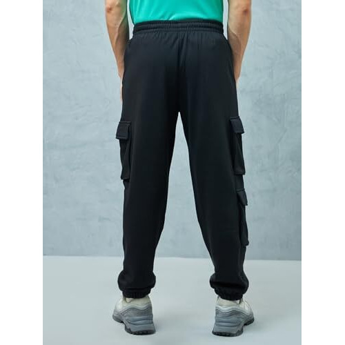 Bewakoof Men's Solid Super Loose Fit Cotton Blend Cargo Joggers_ 617399 Black Xl