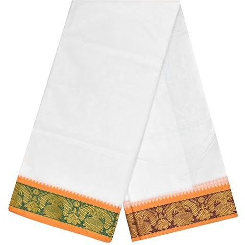 Tuni Mani Men's White Panchakacham Dhoti With Angavasthram Towel, Jari Border, Cotton, Size 9 X 5 (4.0Mtr Dhoti, 2.2Mtr Towel) (Jacquard(Yb))