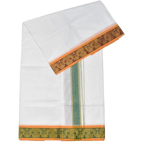 Tuni Mani Men's White Panchakacham Dhoti With Angavasthram Towel, Jari Border, Cotton, Size 9 X 5 (4.0Mtr Dhoti, 2.2Mtr Towel) (Jacquard(Yb))