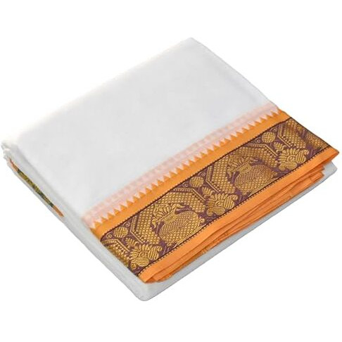 Tuni Mani Men's White Panchakacham Dhoti With Angavasthram Towel, Jari Border, Cotton, Size 9 X 5 (4.0Mtr Dhoti, 2.2Mtr Towel) (Jacquard(Yb))