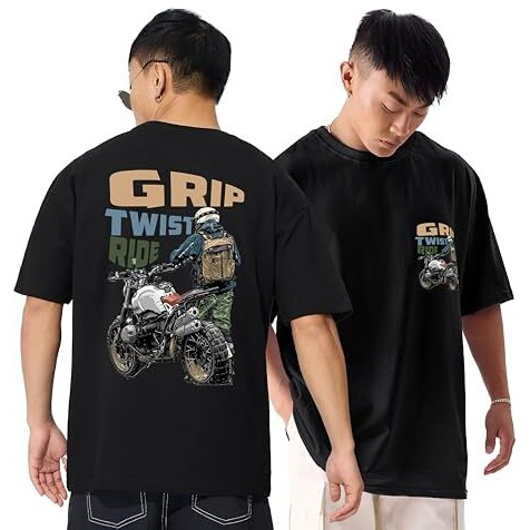 Juari Be A Gentlemanmotorcycle Graphic Drop Shoulder T-Shirt, Grip Twist Ride Print, Oversized Fit, Black (In, Alpha, M, Plus, Black)